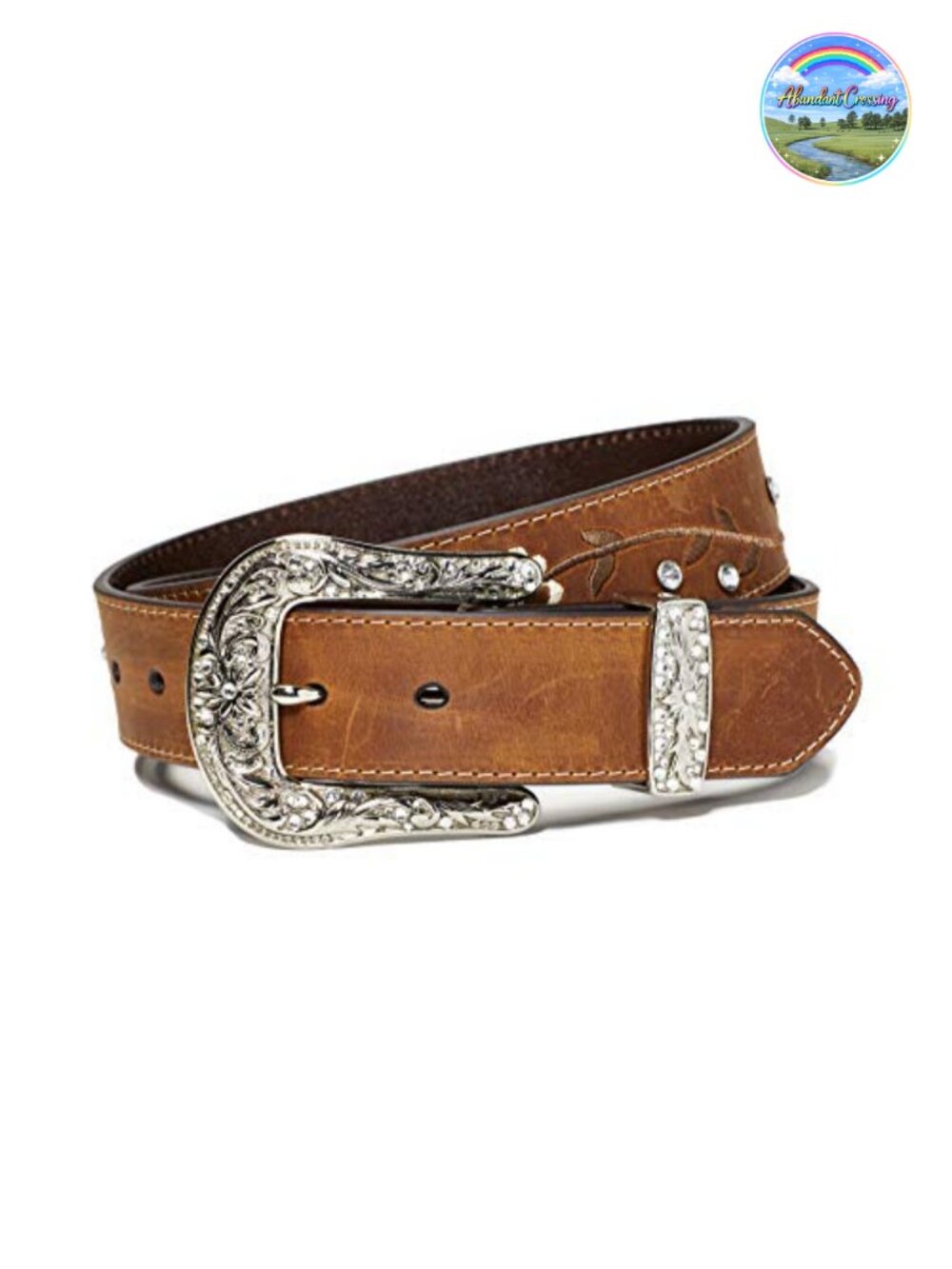 Western Leather Belt with Rhinestone Conchos and Detachable Buckle